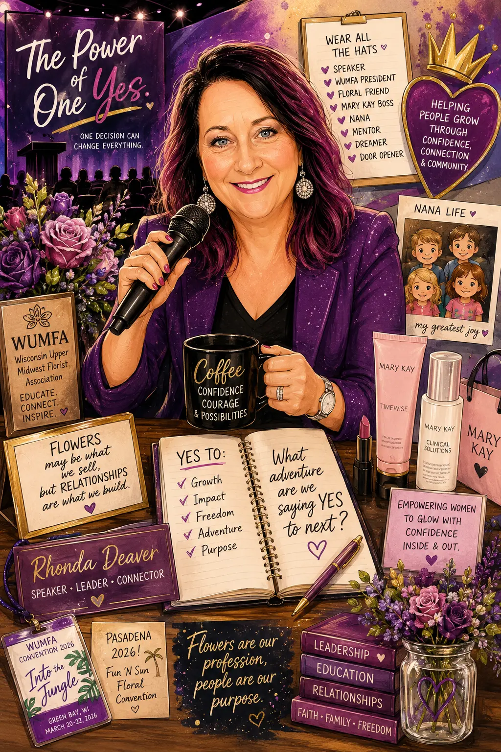 Illustrated portrait of Rhonda Deaver with a microphone, surrounded by her work and family